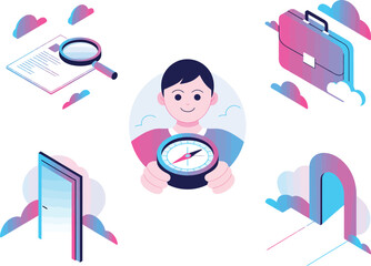 Vector illustration of a business woman searching for finance and network technology, a concept design