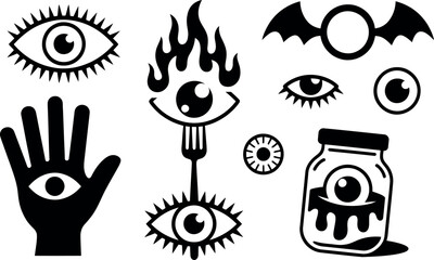 Vector Halloween occult eyes, hand, bat, flames: spooky graphic set