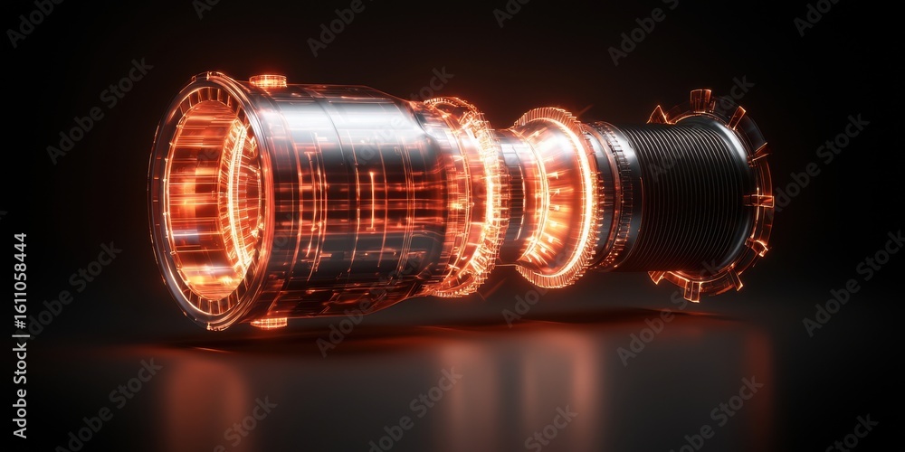 Poster a futuristic digital rendering of a jet engine with glowing orange highlights, showcasing intricate 