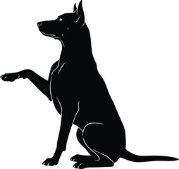 Silhouette of sitting dog raising paw, black and white vector, obedient pet gesture, animal training concept, minimalist design illustration