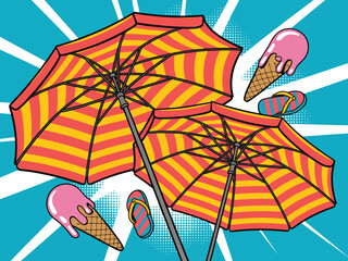 Golden sand and a vibrant yellow parasol invite relaxation under the summer sun by the tropical blue ocean