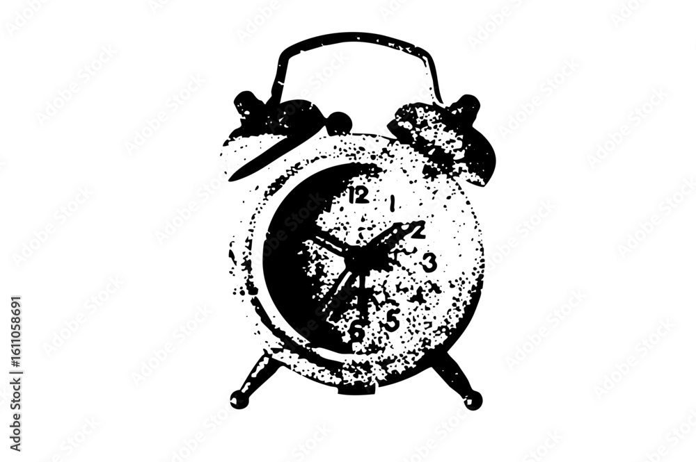 Poster vector distressed vintage alarm clock with hands pointing to a specific time.