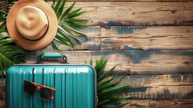 A suitcase for summer travel on a wooden background, a straw hat, a vacation planning concept with luggage and accessories.