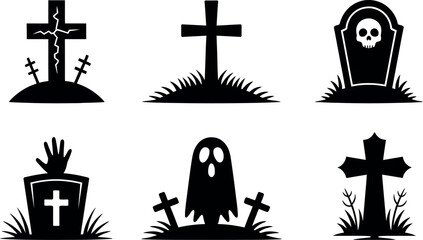 Spooky Halloween Vector Icons: Gravestones, Crosses, Ghost