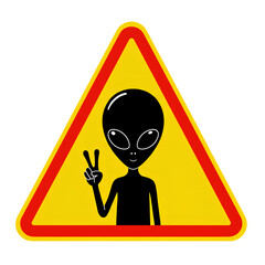 A yellow triangular warning sign with a red border, featuring a black alien making a peace sign.