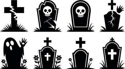 Spooky Halloween vector graveyard icons: tombstones, crosses, ghost.