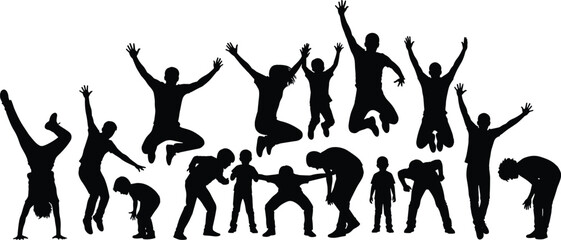 Silhouettes of diverse people jumping, dancing, celebrating together, vibrant energy pose, group activity, dynamic movement, joyful scene, black background