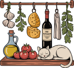 Still life of wine with fresh vegetables cheese and cooking ingredients