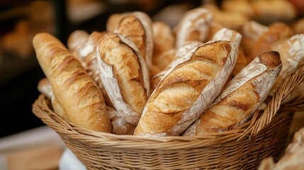 baked baguettes and rolls, cozy rustic bakery setting, warm lighting, text space for branding, blurred background