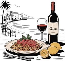 A delightful gourmet dinner with red wine, cheese, and fresh bread on a rustic table, perfect for a romantic celebration