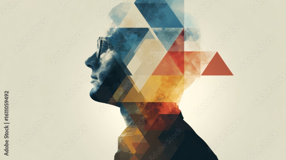 Poster geometric shapes transform into a silhouette of a thinking head against a soft, abstract background 