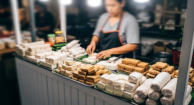 A female vendor at an Asian market stall prepares fresh blocks of tofu and tempeh.