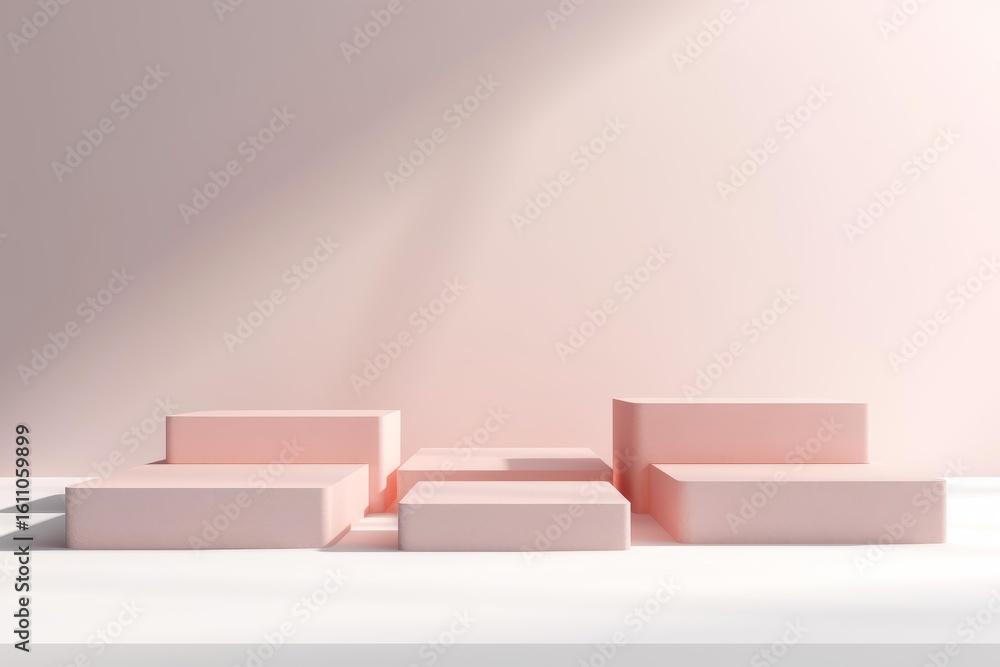 Poster pink pedestals of different sizes arranged on a white surface, creating a minimalist and elegant dis