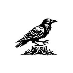 Fototapeta premium Raven perched on a tree stump
