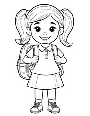 Fototapeta premium Line art of a smiling child carrying a backpack going to school