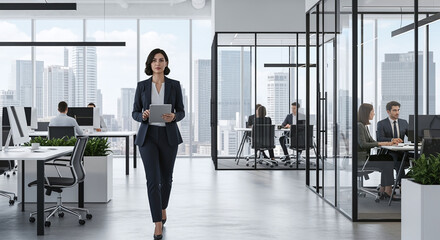 Obraz premium A professional woman in a business suit walks with a tablet alongside large windows offering a cityscape view. The open-plan office includes other employees at desks and in meetings in the background.