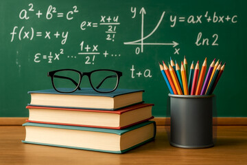 Stack of books with eyeglasses and colored pencils in front of chalkboard with math formulas