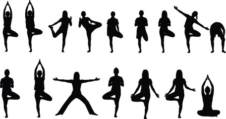 Yoga silhouette poses set, fitness and meditation practice, wellness lifestyle movement, balance and flexibility illustration, black on white background