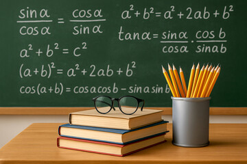 Stack of books with eyeglasses and pencils on desk in front of chalkboard with trigonometric formulas
