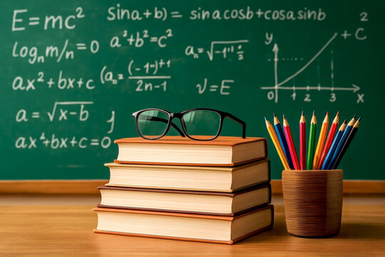 Books with eyeglasses and colored pencils on desk in front of chalkboard with science and math formulas