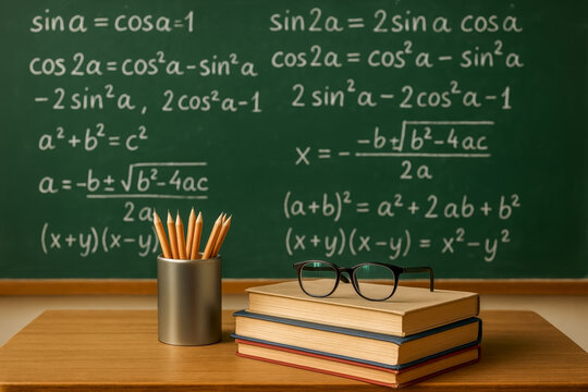 Books and pencils on desk in front of chalkboard with math formulas and eyeglasses