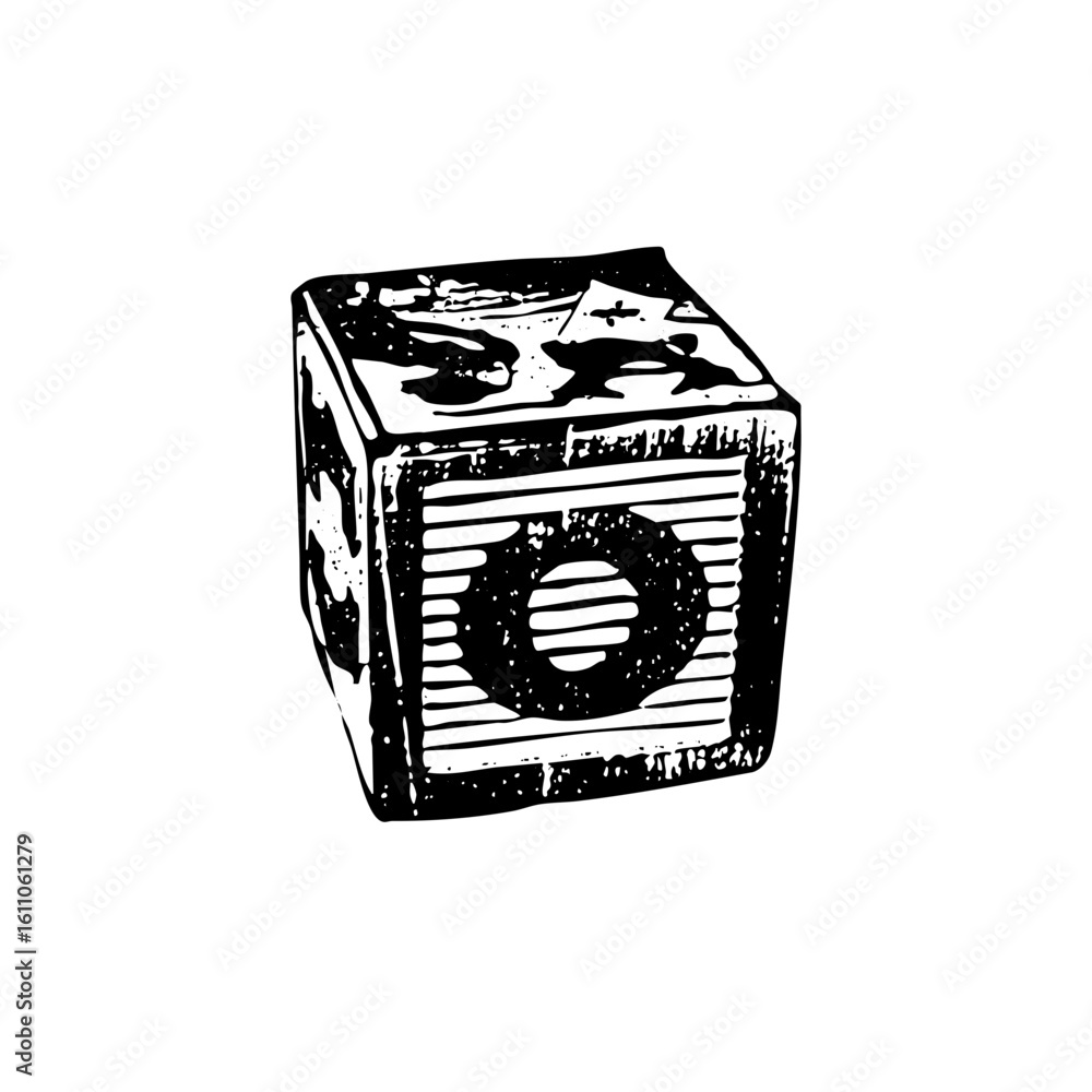 Poster vector hand-drawn of a textured cube with a circular cutout.