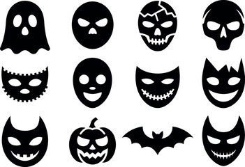 Vector Halloween Icons: Spooky Masks, Bats, and Ghosts