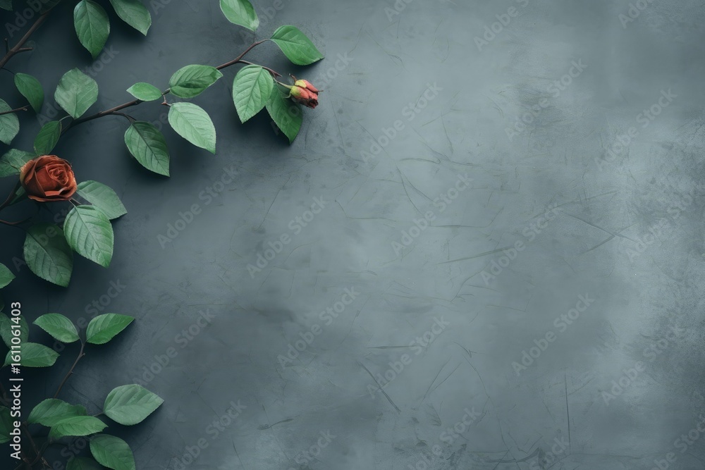 Poster rose stems and leaves create a natural border on a textured background, offering a serene setting fo