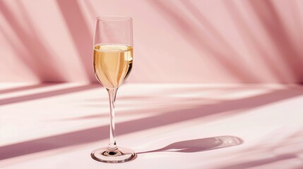 A tall glass with sparkling wine, bright shadows on a pink background. The concept of elegance, celebration and luxury.