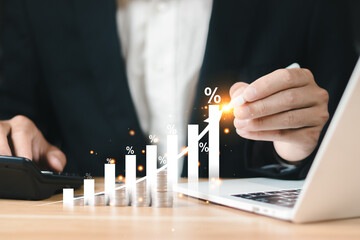 Money interest rate increase concept, percentage commission credit. Grow up stock risk management. Bank policy price raise. Businessman with coin, calculate high percentage of company profit dividend