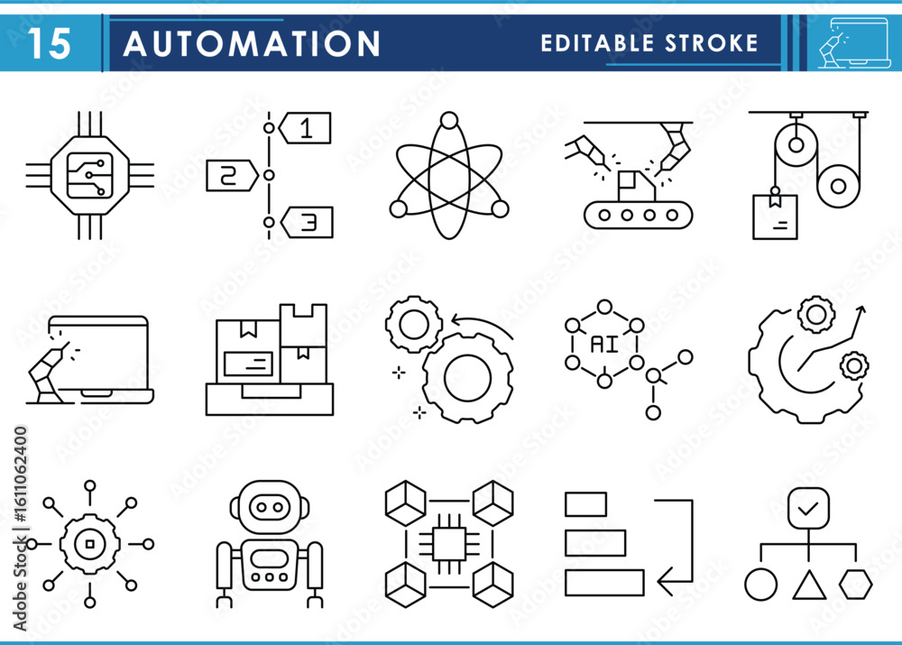 Poster a set of line icons related to automation. automatic, gear, robotics, industrial, pulley, process, t