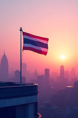 Elevated view of Thailand’s flag on a rooftop at dawn, surrounded by abstract shapes and soft gradients for modern background