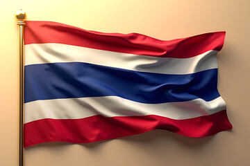 Creative composition of Thailand’s flag with flowing fabric textures and golden sunlight flare on the side, set on a neutral background