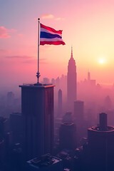 Elevated view of Thailand’s flag on a rooftop at dawn, surrounded by abstract shapes and soft gradients for modern background