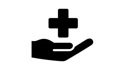 Fototapeta premium Hand with cross icon, medical care symbol, black fill