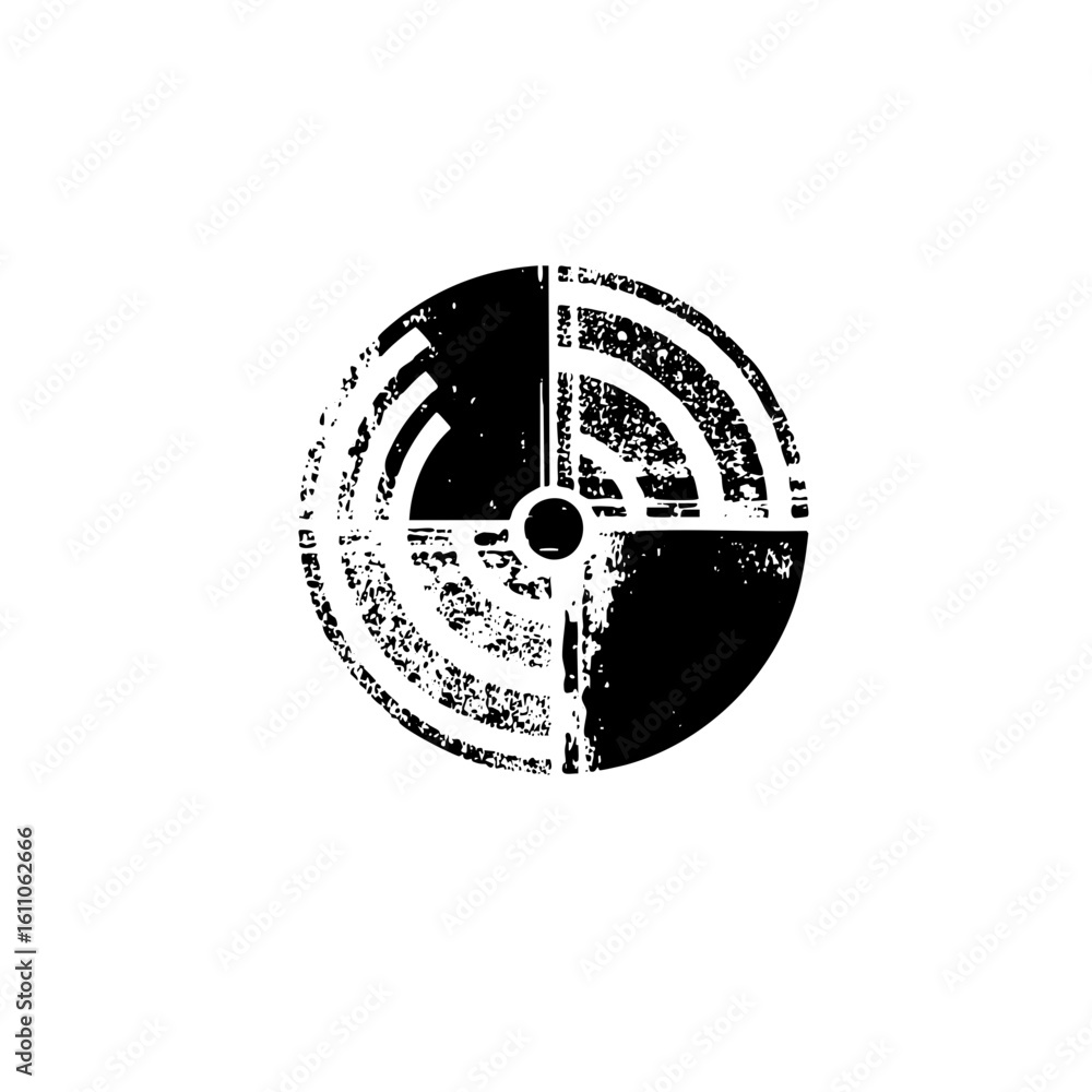 Poster vector abstract circular with radiating lines and central sphere.