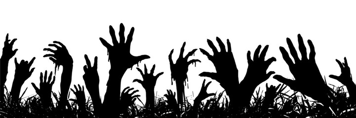 Walking dead and zombie rising up hands silhouettes. Vector isolated border. Decoration elements for halloween design.