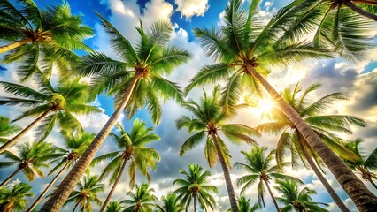 Obraz premium Tropical Paradise Palm Trees Reaching for the Sky with Sun and Clouds