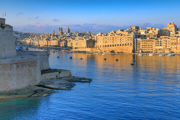 Skyline of Valletta, Malta. Valletta’s Grand Harbour is one of the finest natural harbours in the Mediterranean Sea.