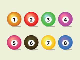 A vibrant vector set of glossy billiard balls, numbered one through eight, arranged for a game of pool or snooker on a plain background.