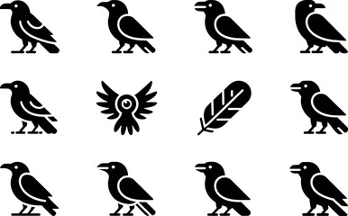 Vector illustration: Black crow icons, various poses, minimalist style.