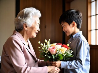 Boy offers flowers to grandmother, heartwarming moment