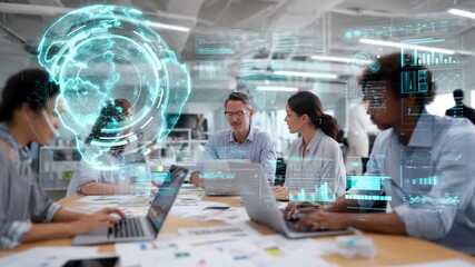 Group of professionals in a digital meeting room with floating technology elements, showing futuristic collaboration, innovation, and virtual interaction in corporate space - Powered by Adobe