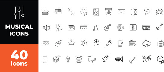 Musical Instruments icon set. Musical Icons: A comprehensive set of meticulously crafted musical icons, perfect for any creative project related to music, audio, or sound design