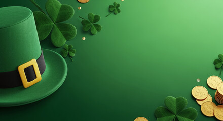 St. Patrick's Day banner with leprechaun hat, clover leaves and gold coins on green background with copy space. Generative AI	
