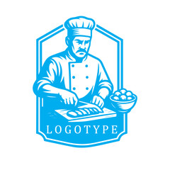 Elegant blue-and-white badge logo featuring a focused chef slicing meat with precision, evoking professionalism and culinary skill for bakso branding.