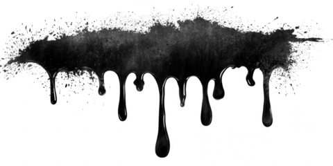 Black ink splash and drips isolated on transparent background