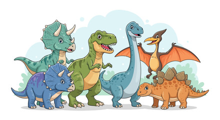 Fototapeta premium Cute Dinosaur Vector Illustration with Colorful Cartoon Prehistoric Animals in Playful Style