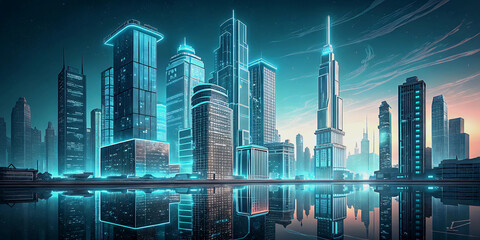 Futuristic Smart City with Transparent Skyscrapers and Digital Reflections