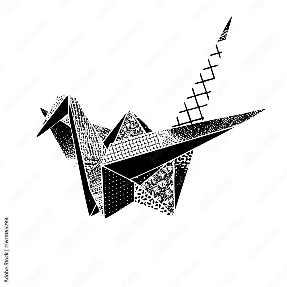 Poster vector intricate origami bird with patterned sections.